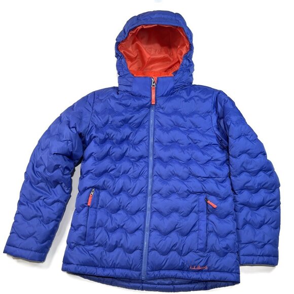 LL Bean Down Jacket L Large 14-16 Blue Hood Puffer Girls Boys Youth